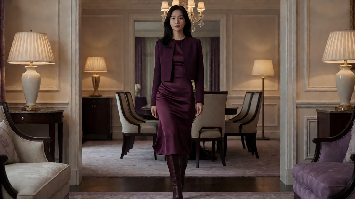 绿巨人网站少妇人妻主题图，成年女性穿酒红色套装，走过暖光餐厅