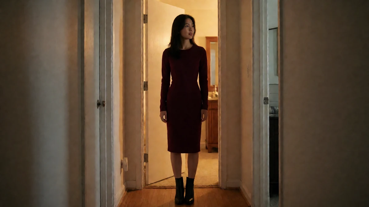 绿巨人网站剧情主题图，成年女性穿酒红色连衣裙和黑色短靴，站在暖光公寓门廊