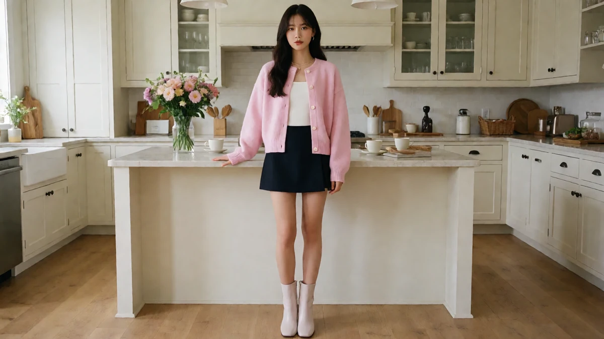 绿巨人网站居家女友主题图，成年女性穿粉色短开衫和深色短裙，站在有花束的厨房