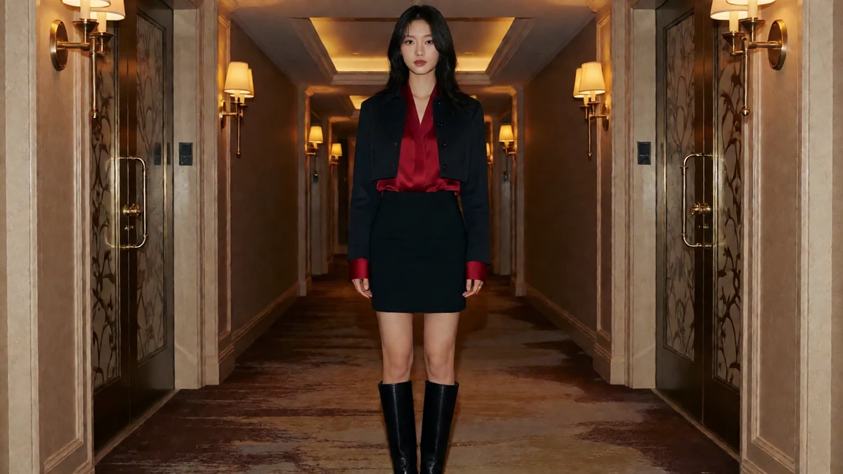 绿巨人网站成熟角色主题图，黑发成年女性穿红色上衣、深色短外套和短裙，站在暖光酒店走廊