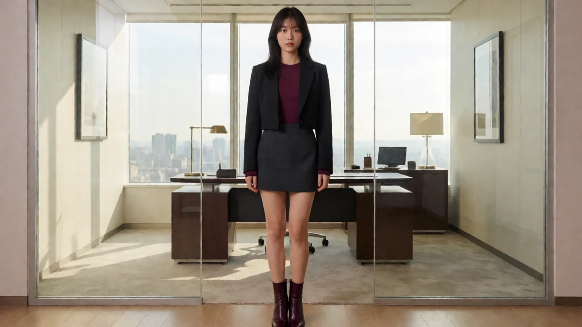 绿巨人网站女上司主题图，成年女性穿深色西装与短裙，站在玻璃办公室中